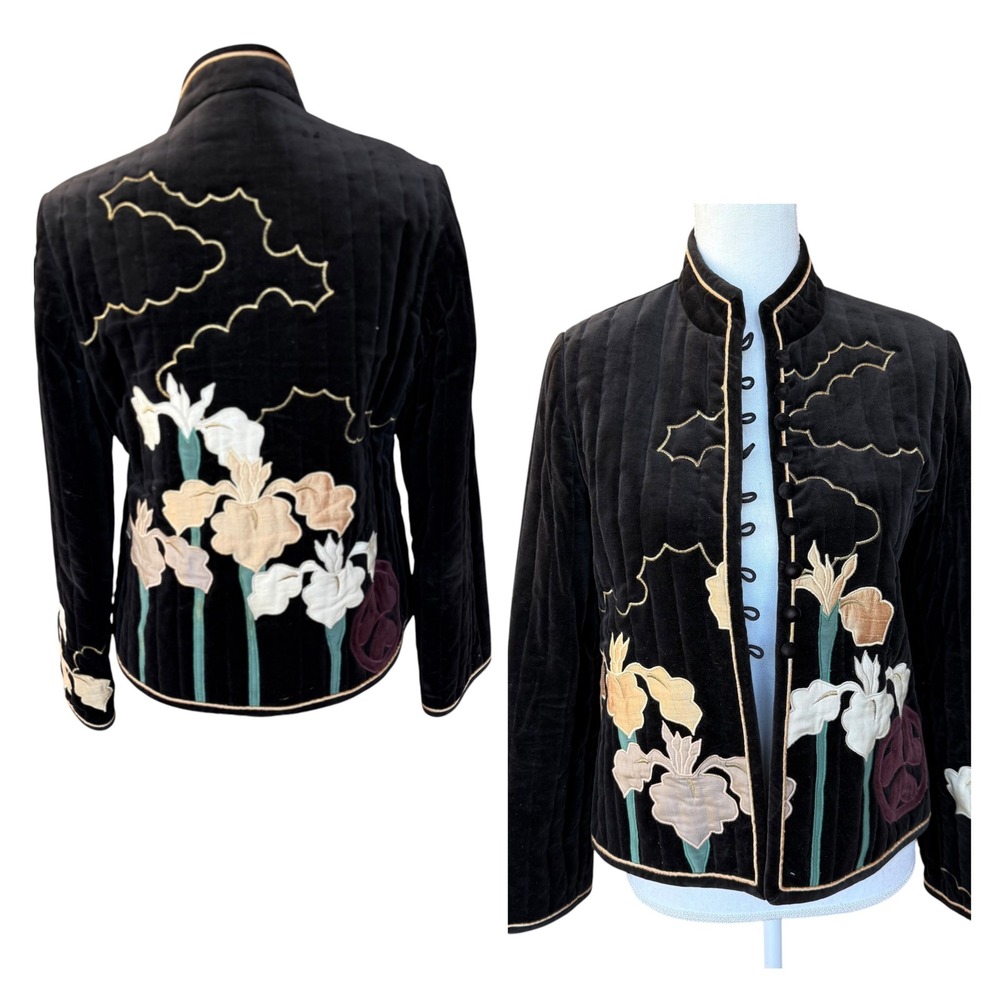 White Duck San Francisco Quilted Velvet Jacket Embroidered Floral Black Small